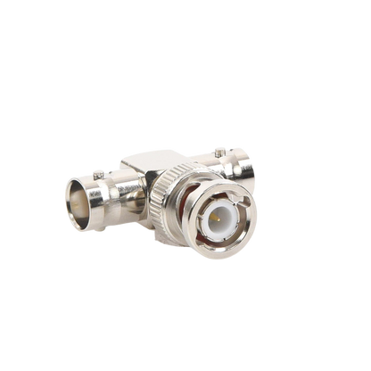 Adaptador en T para 50 Ohm de BNC Macho a Doble BNC Hembra, Maquinado, Níquel/ Oro/ Teflón.