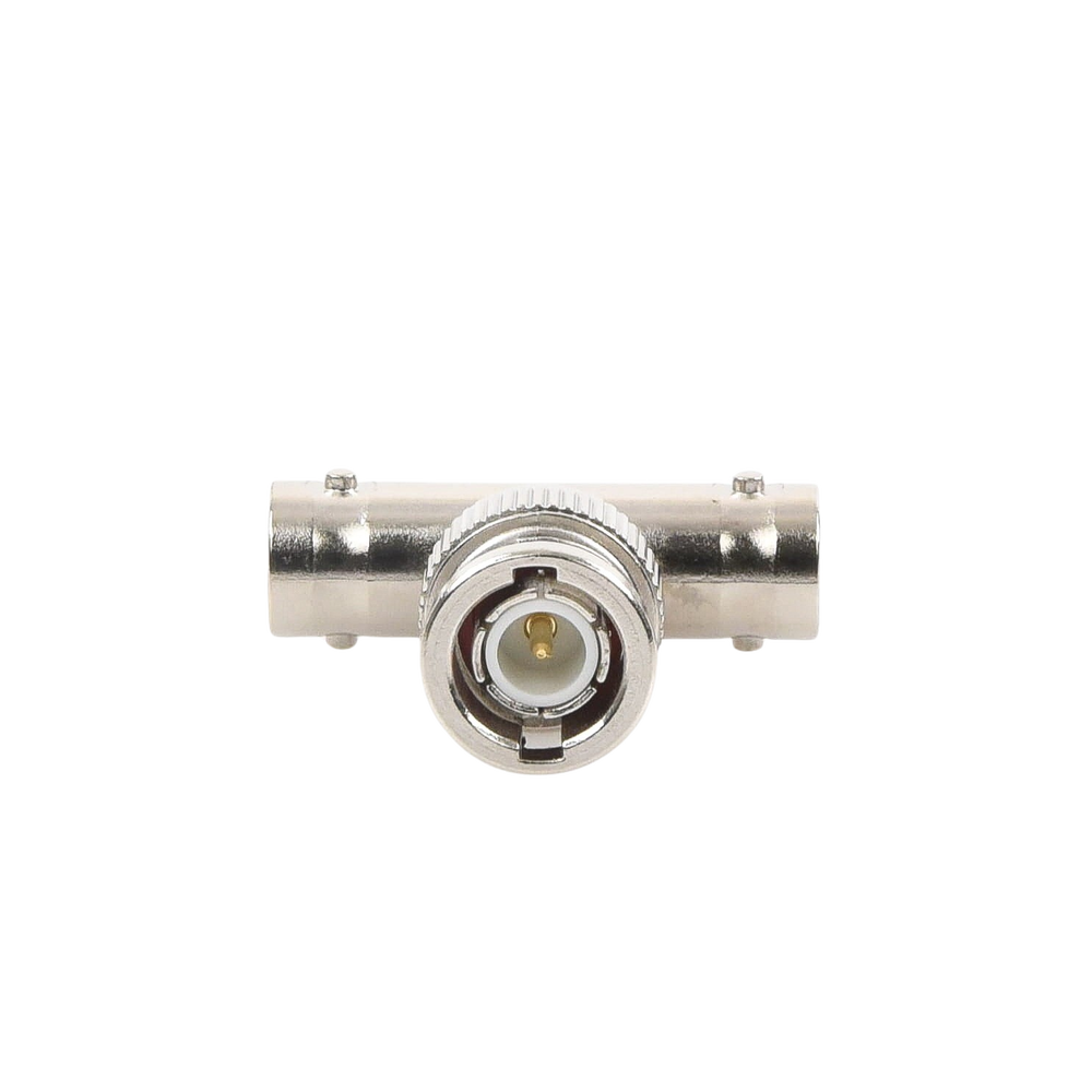 Adaptador en T para 50 Ohm de BNC Macho a Doble BNC Hembra, Troquelado, Níquel/ Oro/ Delrin.