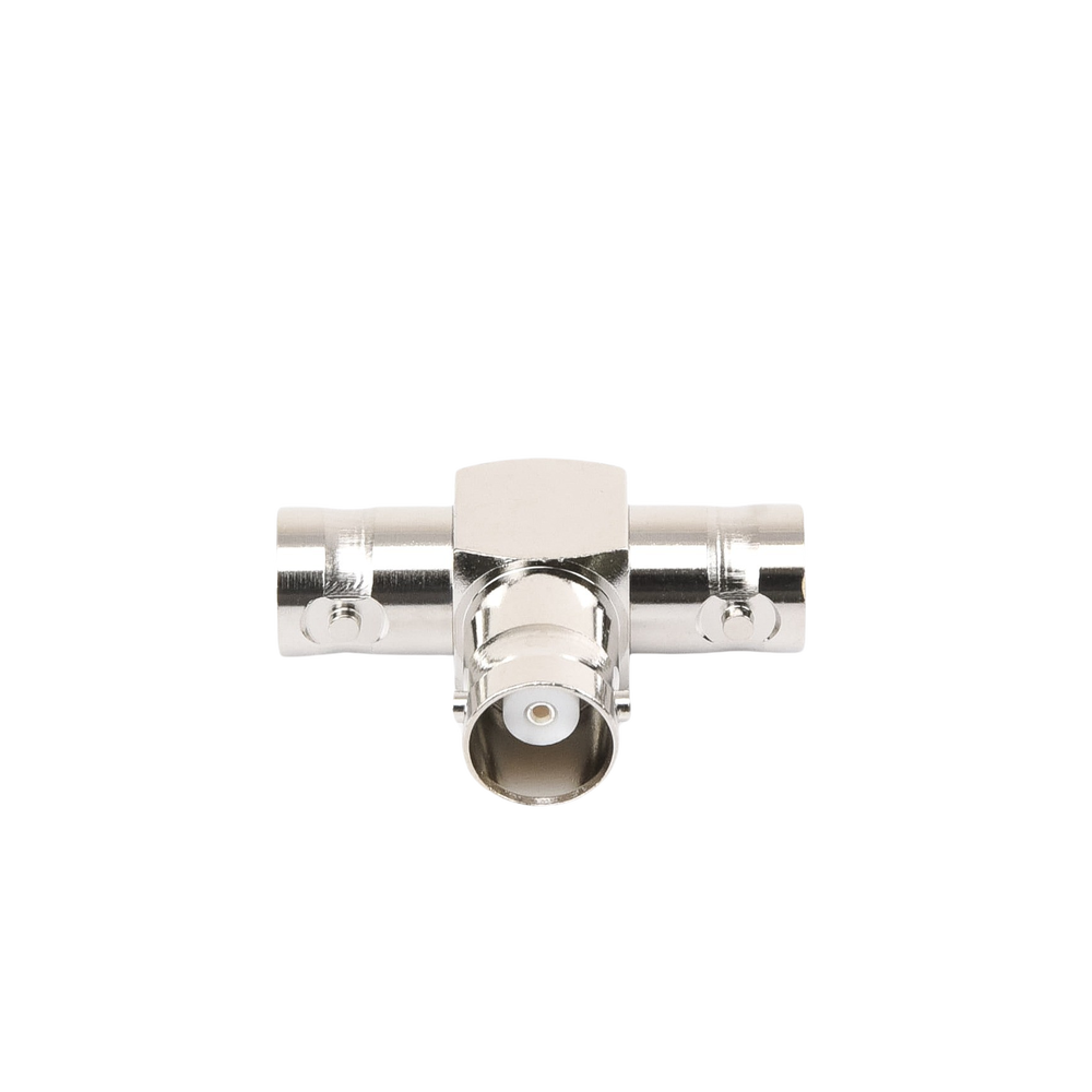 Adaptador Triple en T para 50 Ohm de BNC Hembra a Doble BNC Hembras, Níquel/ Plata/ Teflón.
