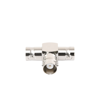 Adaptador Triple en T para 50 Ohm de BNC Hembra a Doble BNC Hembras, Níquel/ Plata/ Teflón.