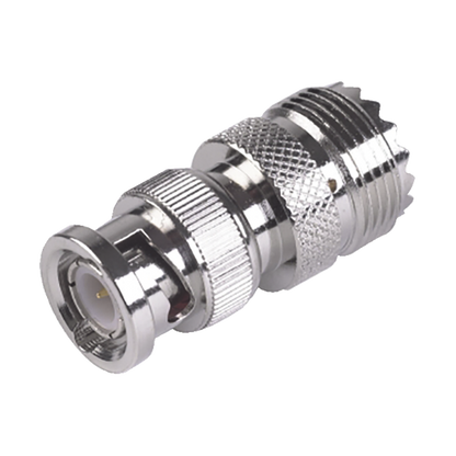 Adaptador en Linea para 50 Ohm, Conector BNC Macho-UHF Hembra (SO-239), Níquel/ Oro/ Delrin.