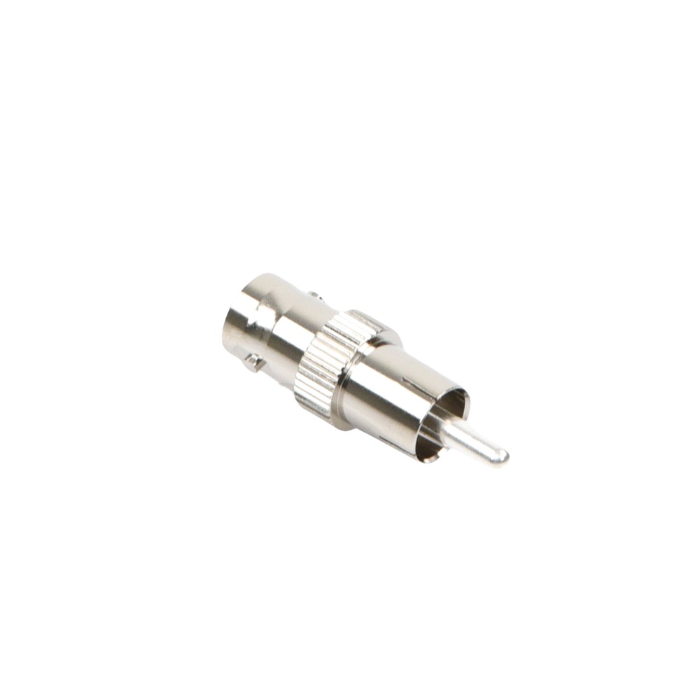 Adaptador de BNC Hembra a RCA Macho en 50 Ohm para Fono, uso en Aplicaciones de Audio-Video, Níquel/ Plata/ Delrin.