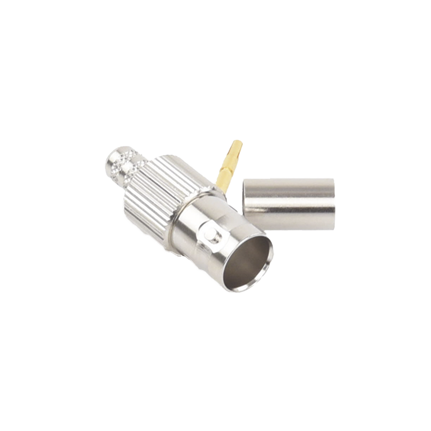 Conector BNC Hembra, 75 Ohm, Anillo Plegable, para RG-59/U, Níquel/ Oro/ Delrin.