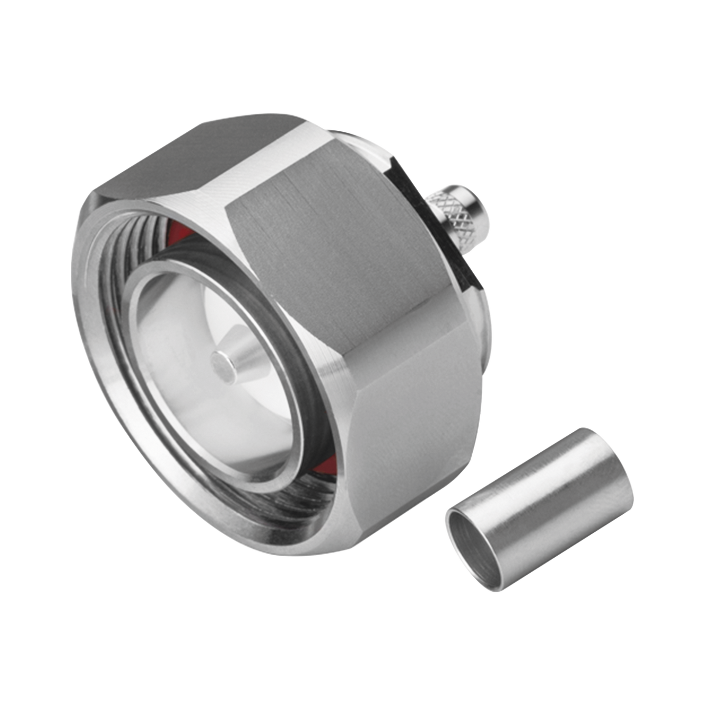 Conector DIN 7-16 Macho de Pin Cautivo, Anillo Plegable para Cable RG-8/X, LMR-240, Bronce Blanco/ Plata/ Teflón.â€‹