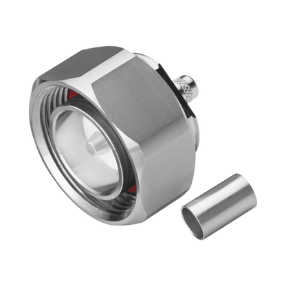 Conector DIN 7-16 Macho de Pin Cautivo, Anillo Plegable para Cable RG-8/X, LMR-240, Bronce Blanco/ Plata/ Teflón.â€‹
