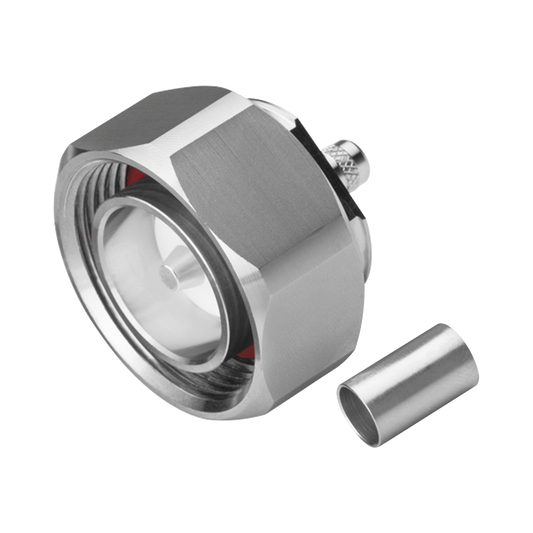 Conector DIN 7-16 Macho de Pin Cautivo, Anillo Plegable para Cable RG-8/X, LMR-240, Bronce Blanco/ Plata/ Teflón.â€‹
