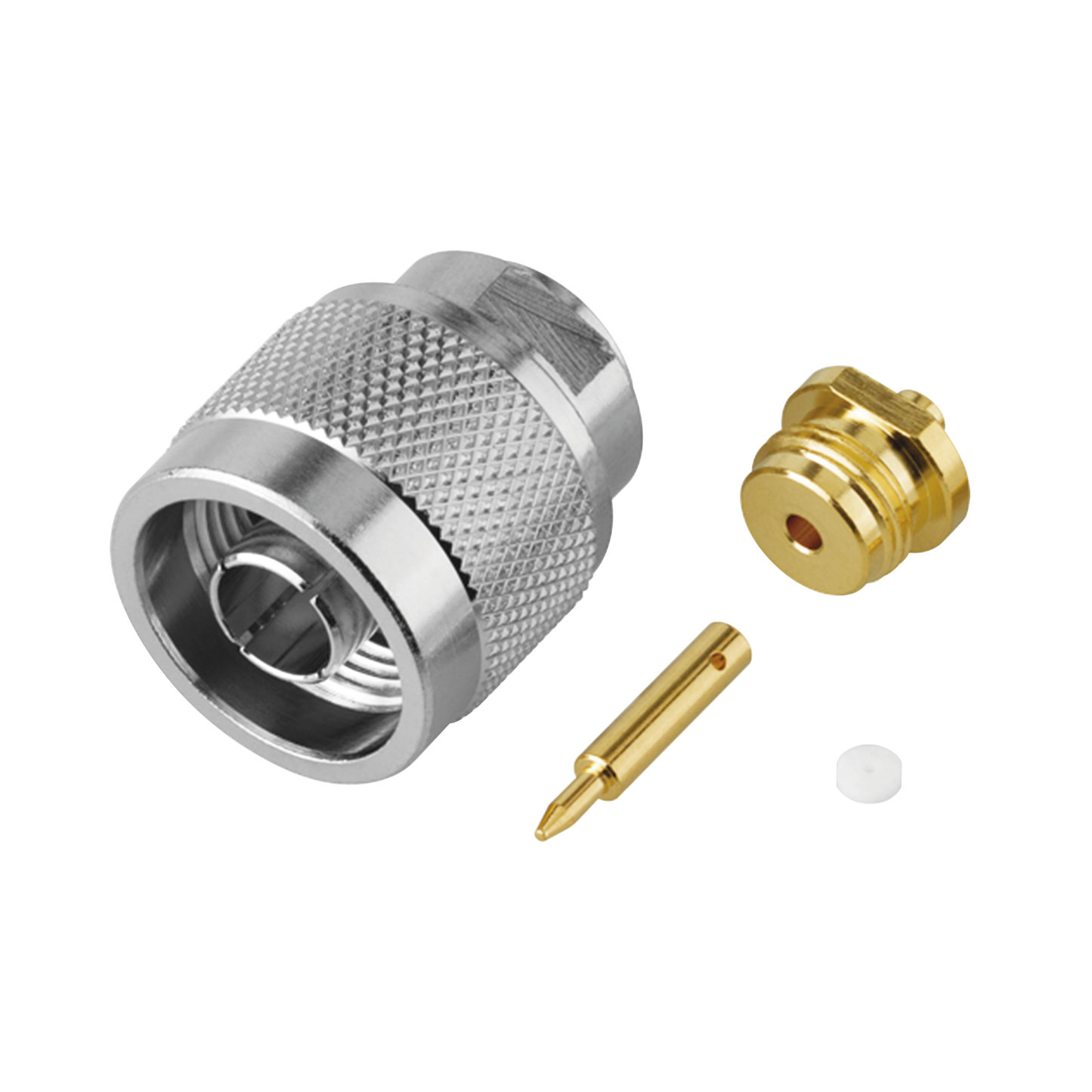 Conector N Macho, Soldable Directo en Cable Semi-Rígido de 0.085", Cables el Grupo SR1, Níquel/ Oro/ Teflón.â€‹