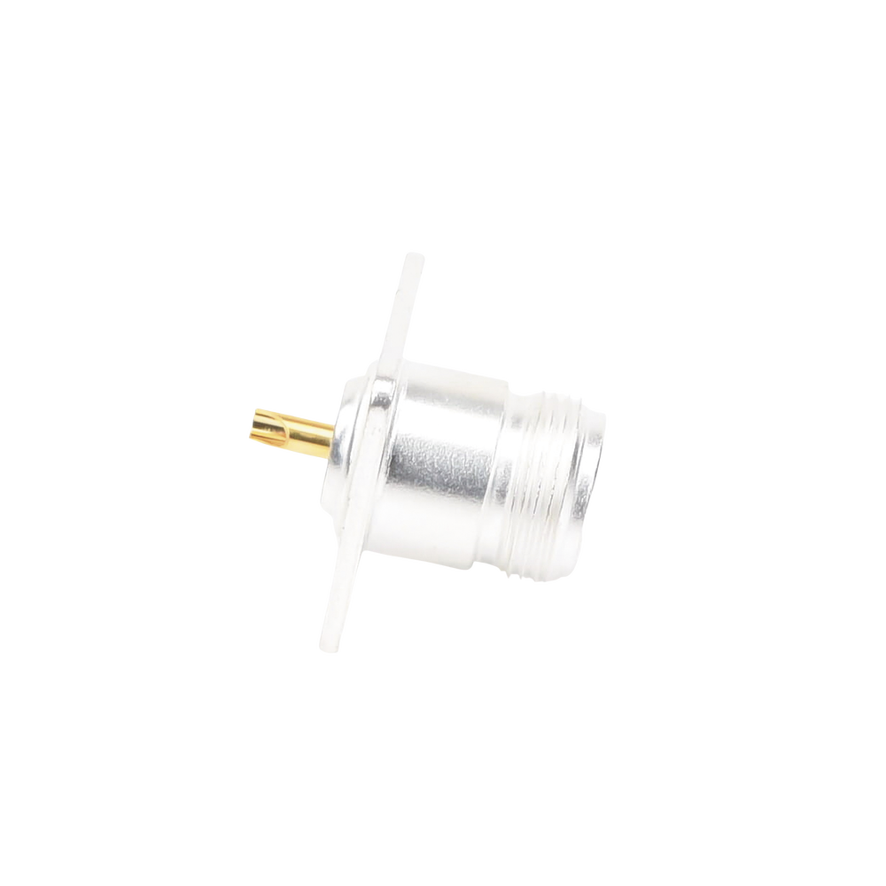 Conector N Hembra para Montaje Frontal en Panel con 4 Perforaciones a 18 mm, Plata/ Oro/ Teflón.