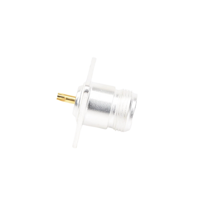 Conector N Hembra para Montaje Frontal en Panel con 4 Perforaciones a 18 mm, Plata/ Oro/ Teflón.