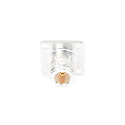 Conector N Hembra para Montaje Frontal en Panel con 4 Perforaciones a 18 mm, Plata/ Oro/ Teflón.