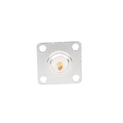 Conector N Hembra para Montaje Frontal en Panel con 4 Perforaciones a 18 mm, Plata/ Oro/ Teflón.