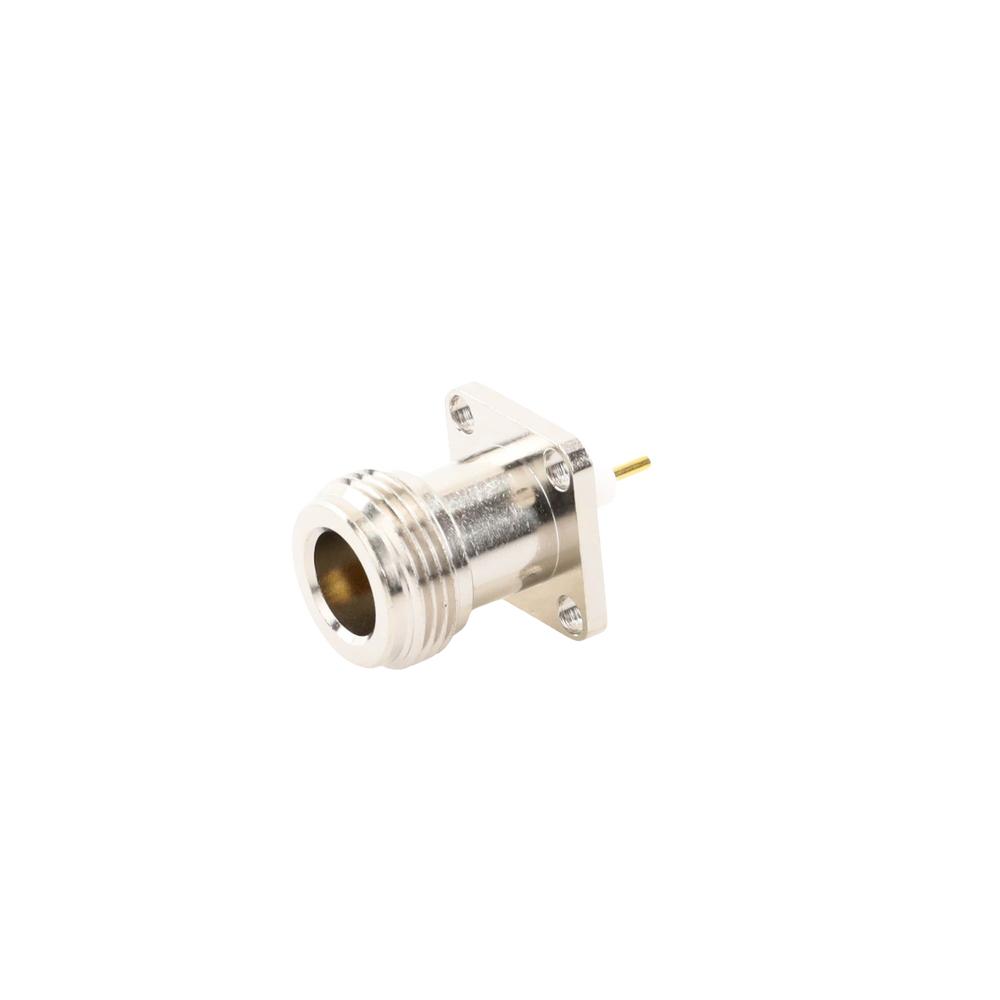 Conector N Hembra de Montaje de Panel con 4 perforaciones a 12.7 mm, soldable.