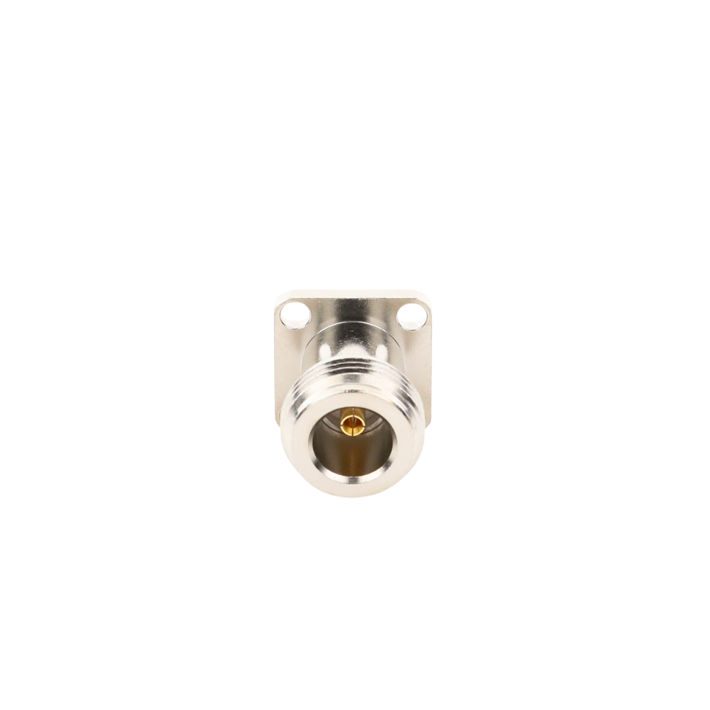Conector N Hembra de Montaje de Panel con 4 perforaciones a 12.7 mm, soldable.