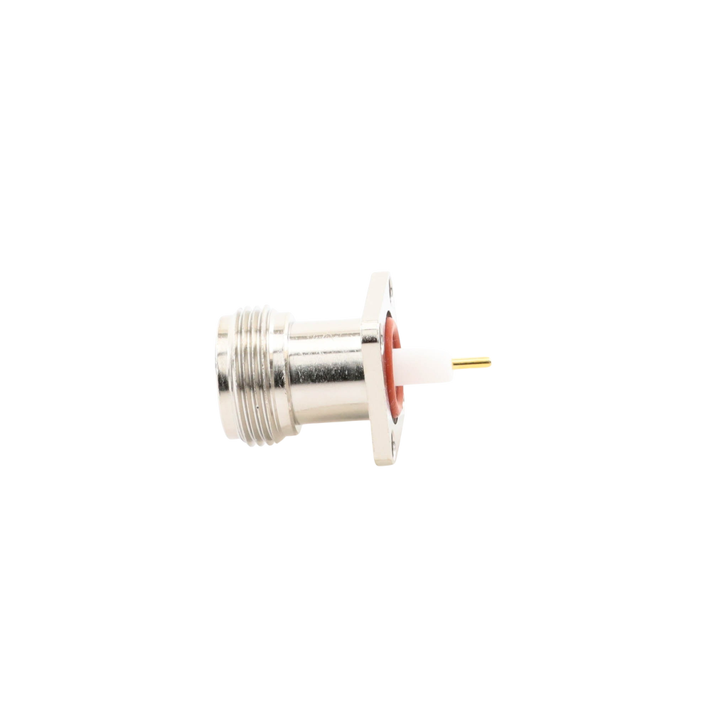 Conector N Hembra de Montaje de Panel con 4 perforaciones a 12.7 mm, soldable.