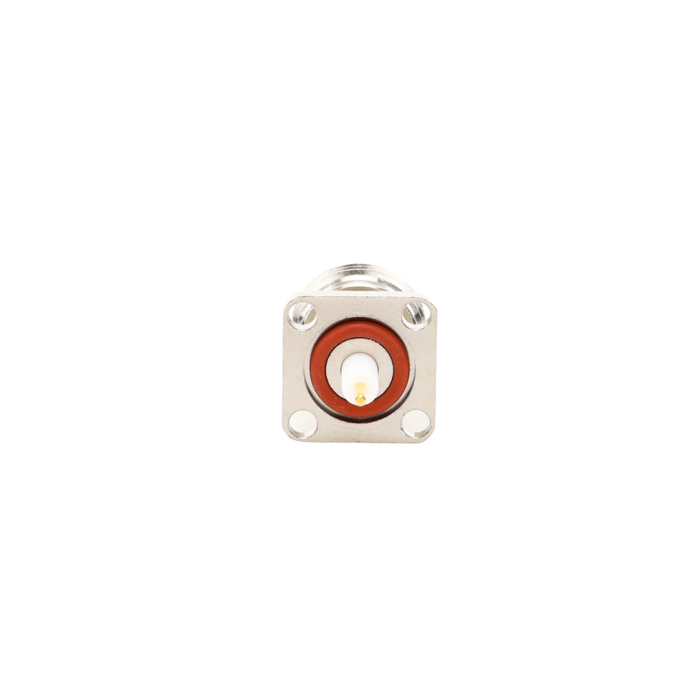Conector N Hembra de Montaje de Panel con 4 perforaciones a 12.7 mm, soldable.