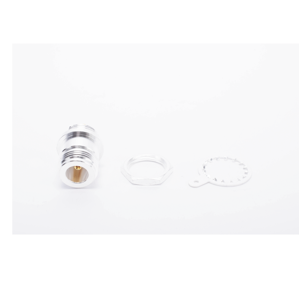 Conector N Hembra, para Montaje Frontal en Panel, Doble D Plano, Plata/ Oro/ Teflón.