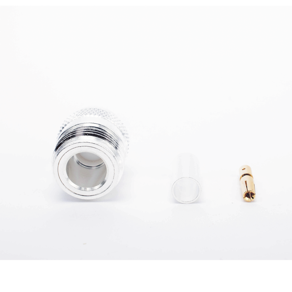 Conector N Hembra de Anillo Plegable para Cables RG-58/U, Níquel/ Oro/ Teflón.