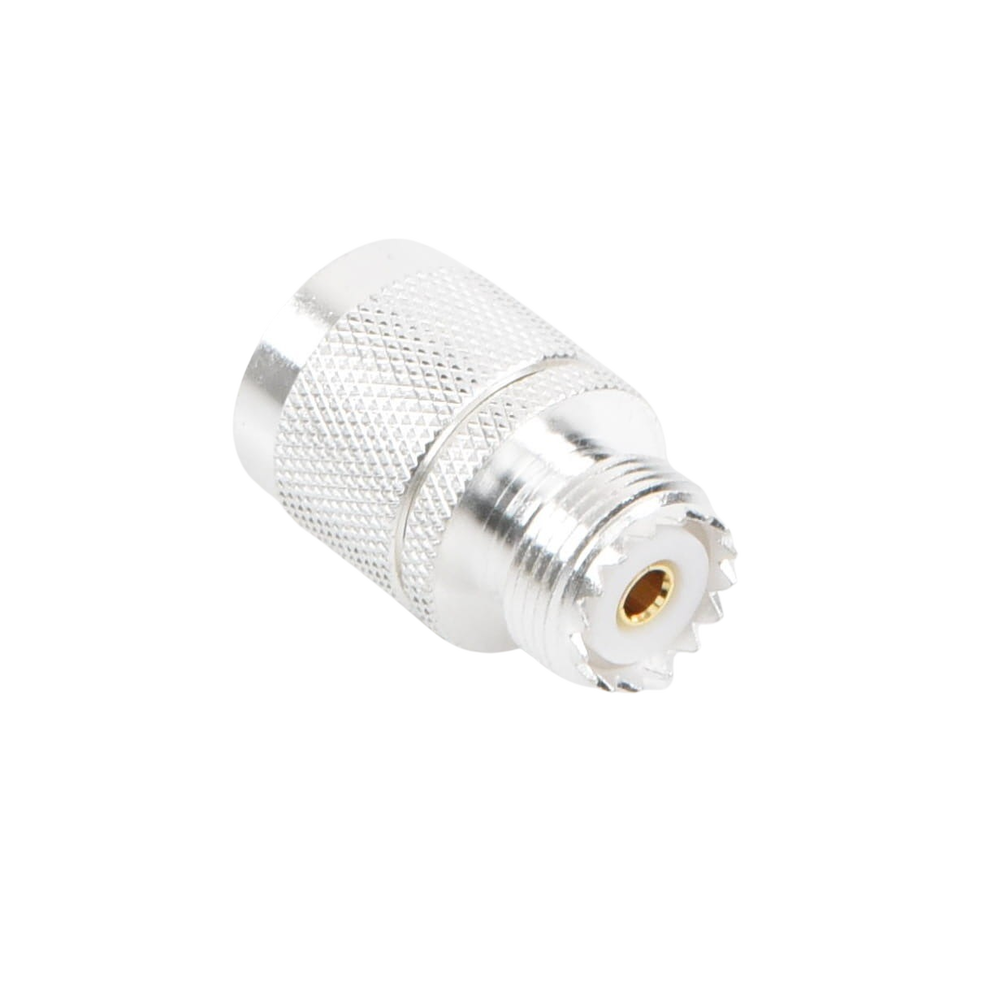 Adaptador en Línea, de Conector N Macho a UHF Hembra (SO-239), Plata/ Oro/ Teflón.
