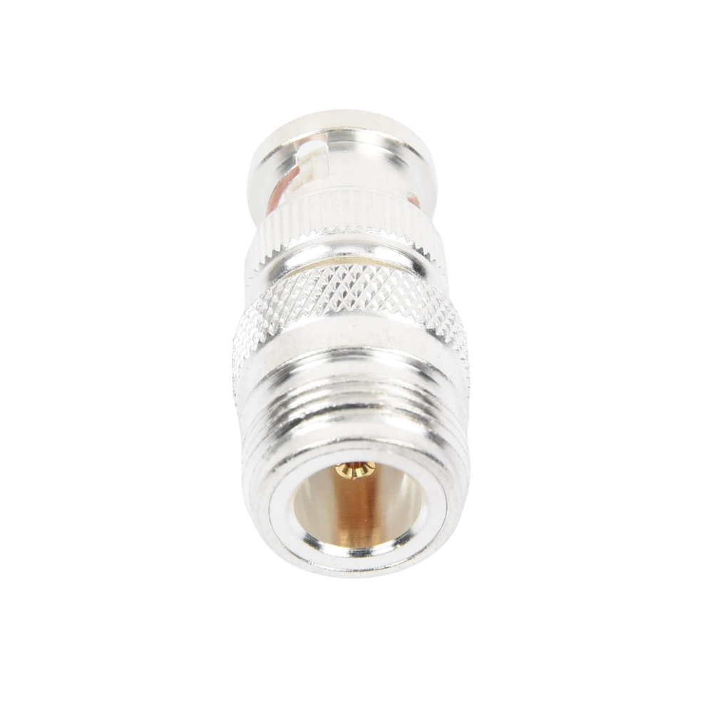 Adaptador en Linea para 50 Ohm, de Conector N Hembra a BNC Macho, Plata /Oro /Teflón.