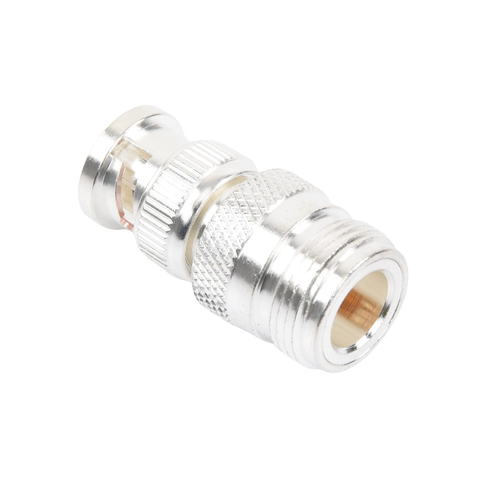 Adaptador en Linea para 50 Ohm, de Conector N Hembra a BNC Macho, Plata /Oro /Teflón.