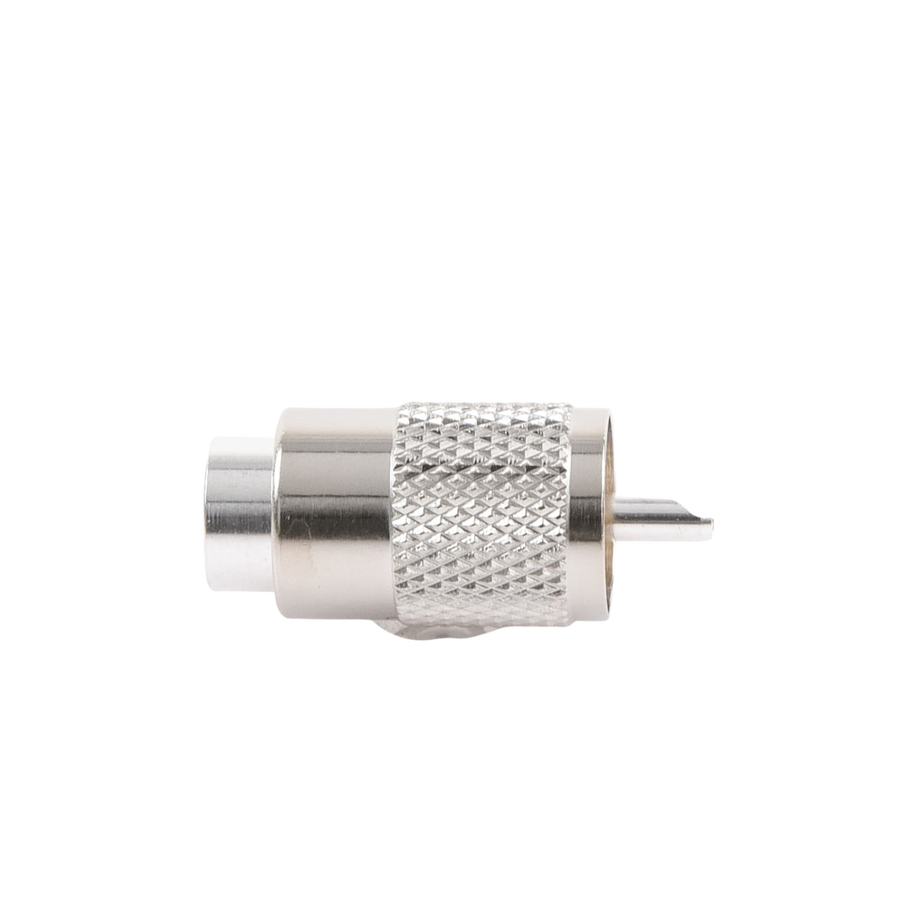 Conector UHF Macho (PL-259) para cables LP-400, RG-8/U, RG-8U-SYS, 8237, 8267, 8268, 9913, CTN-400, 7810, 8214, 7810A, RFLASH-1113, LMR-400, Plata (Concha-Níquel)/ Plata/ D.A.P. (Fibra Sintética)