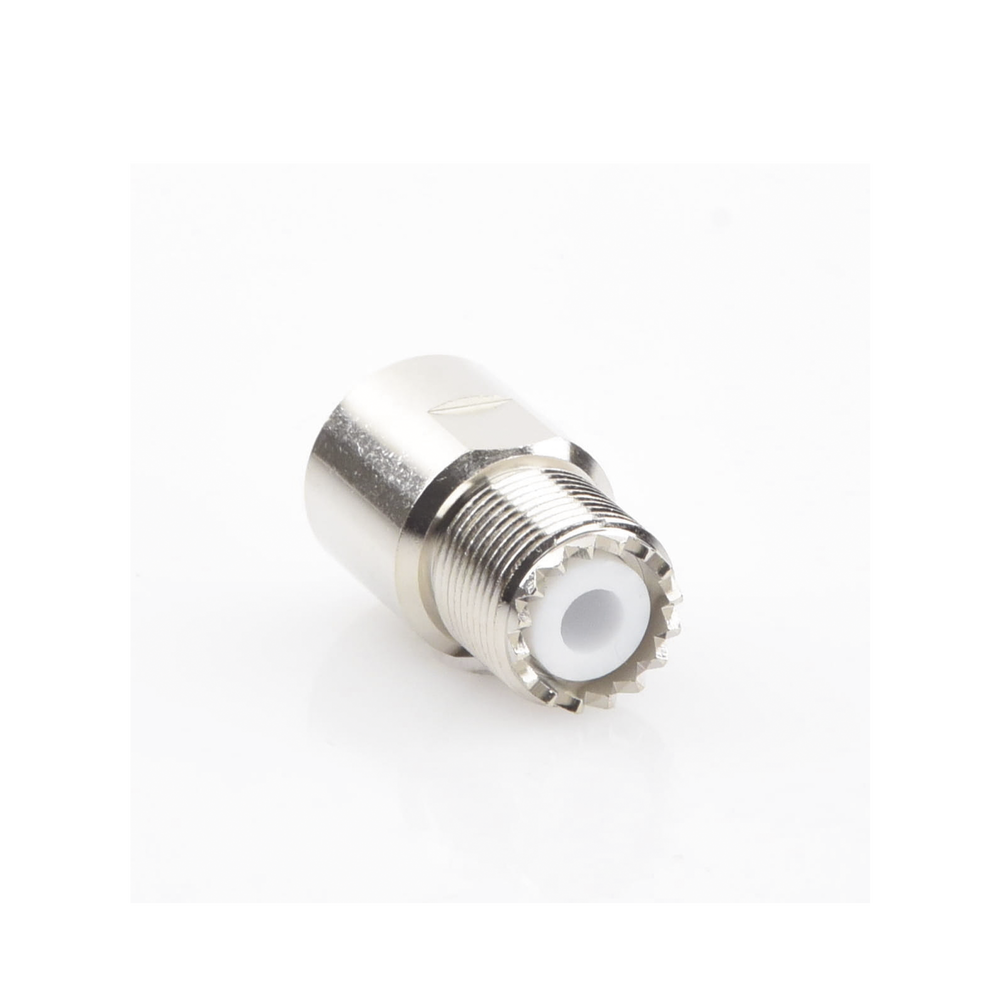 Conector UHF Hembra (SO-239) en Línea de Rosca para RG-8/U, 9913, LMR-400, Níquel/ Plata/ Teflón.