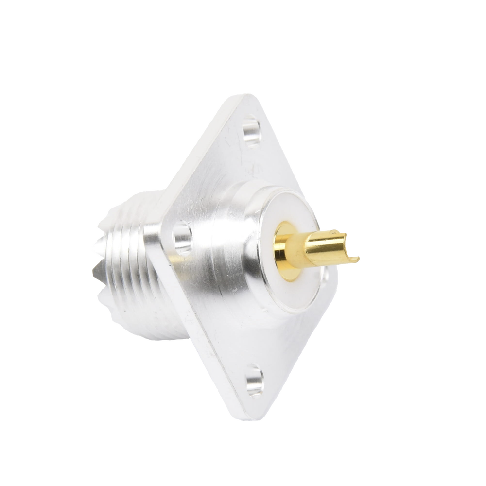 Conector UHF Hembra (SO-239) para Montaje de Chasis con 4 Hoyos a 18 mm, Terminal Soldable, Plata/ Oro/ Teflón.