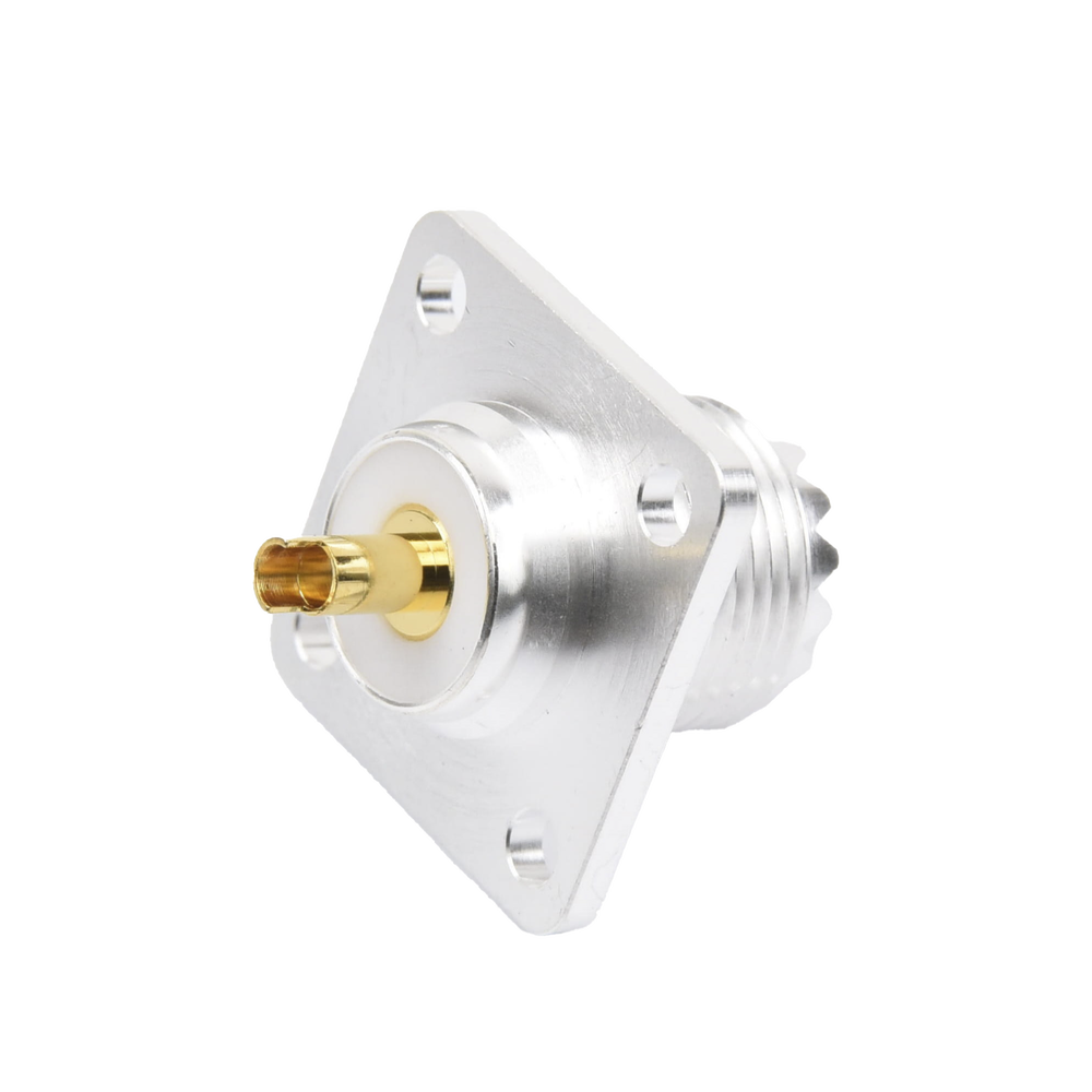 Conector UHF Hembra (SO-239) para Montaje de Chasis con 4 Hoyos a 18 mm, Terminal Soldable, Plata/ Oro/ Teflón.