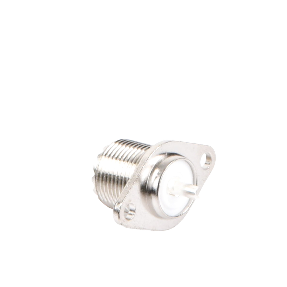 Conector UHF Hembra (SO-239-2H) para Chasis, Doble Perforación, Conductor Central Soldable, Níquel/ Plata/ PBT.