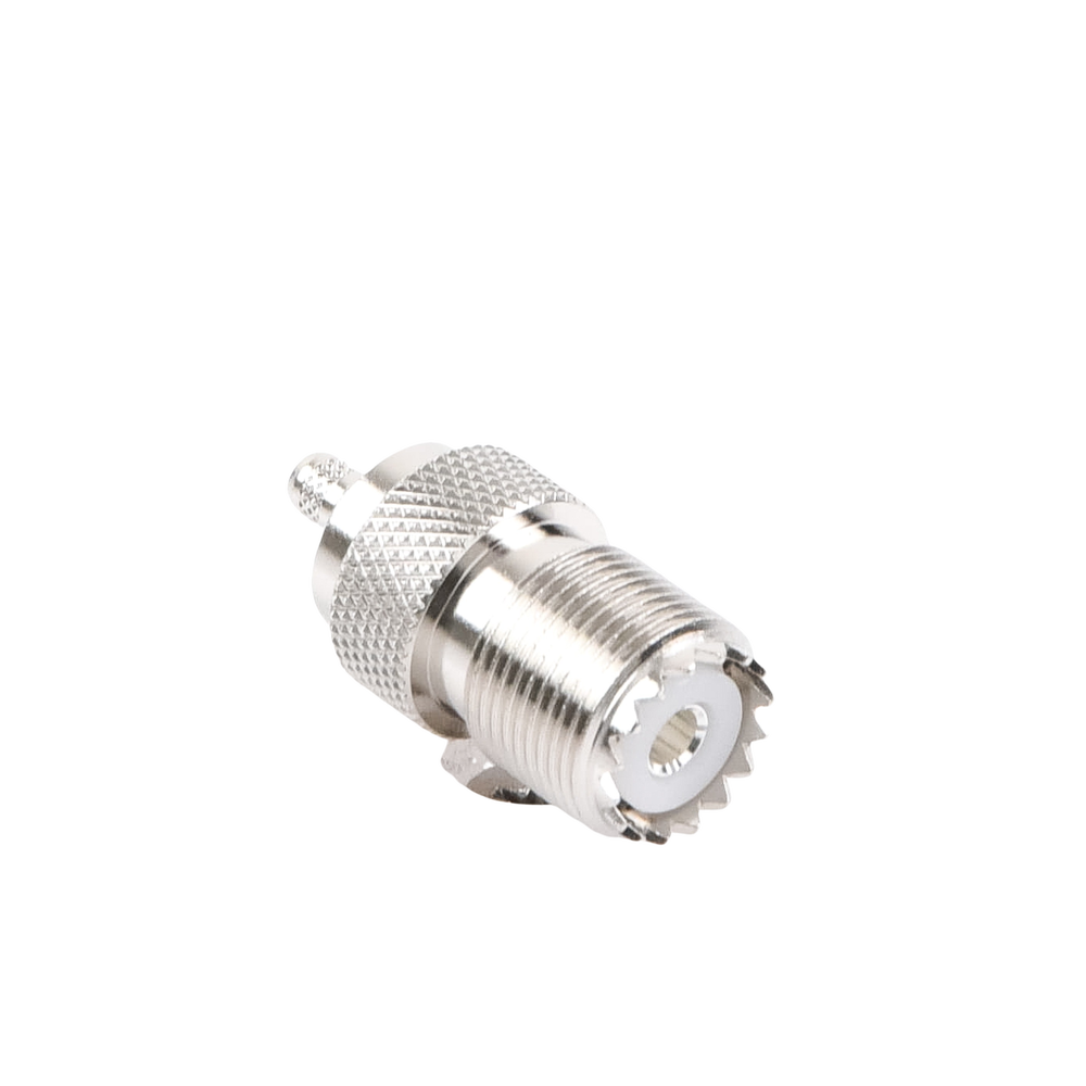 Conector UHF Hembra (SO-239) en Línea, de Anillo Plegable para Cable RG-58/U, RG-142/U, Níquel/ Plata/ Delrin.