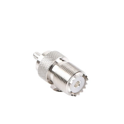Conector UHF Hembra (SO-239) en Línea, de Anillo Plegable para Cable RG-58/U, RG-142/U, Níquel/ Plata/ Delrin.