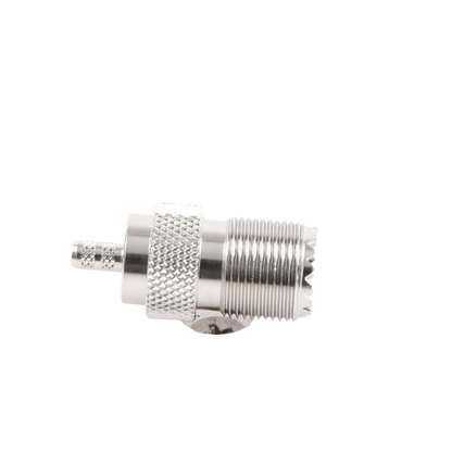 Conector UHF Hembra (SO-239) en Línea, de Anillo Plegable para Cable RG-58/U, RG-142/U, Níquel/ Plata/ Delrin.
