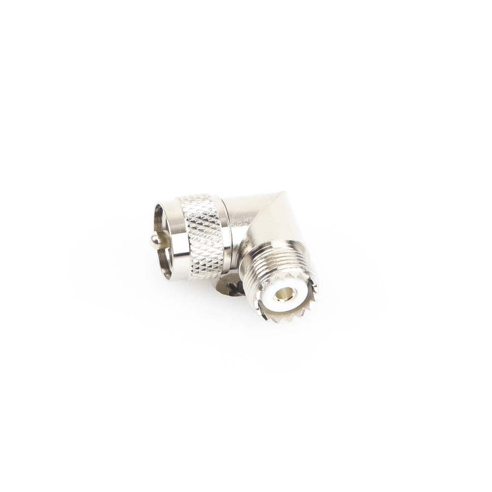 Adaptador en Ángulo Recto, de Conector UHF Macho (PL-259) a UHF Hembra (SO-239), Níquel/ Oro/ Delrin.