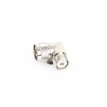 Adaptador en Ángulo Recto, de Conector UHF Macho (PL-259) a UHF Hembra (SO-239), Níquel/ Oro/ Delrin.