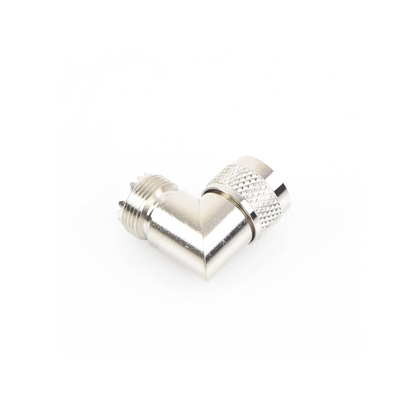 Adaptador en Ángulo Recto, de Conector UHF Macho (PL-259) a UHF Hembra (SO-239), Níquel/ Oro/ Delrin.