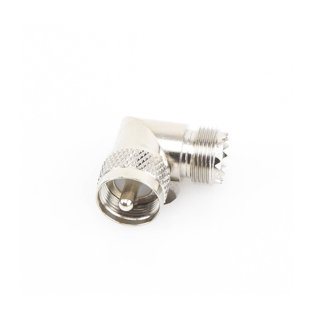 Adaptador en Ángulo Recto, de Conector UHF Macho (PL-259) a UHF Hembra (SO-239), Níquel/ Oro/ Delrin.