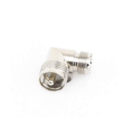 Adaptador en Ángulo Recto, de Conector UHF Macho (PL-259) a UHF Hembra (SO-239), Níquel/ Oro/ Delrin.