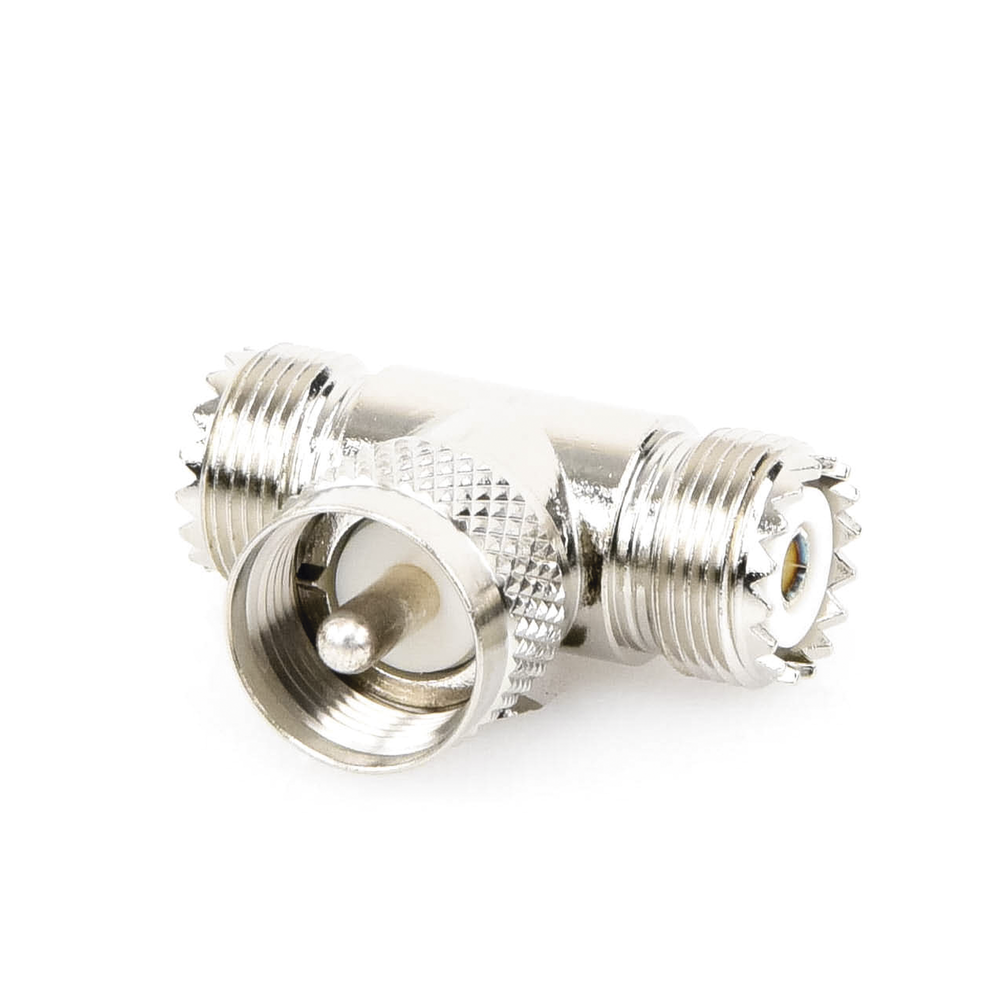 Adaptador en forma T, de Conector UHF Macho (PL-259) a Doble UHF Hembra (SO-239), Níquel/ Plata/ Delrin.
