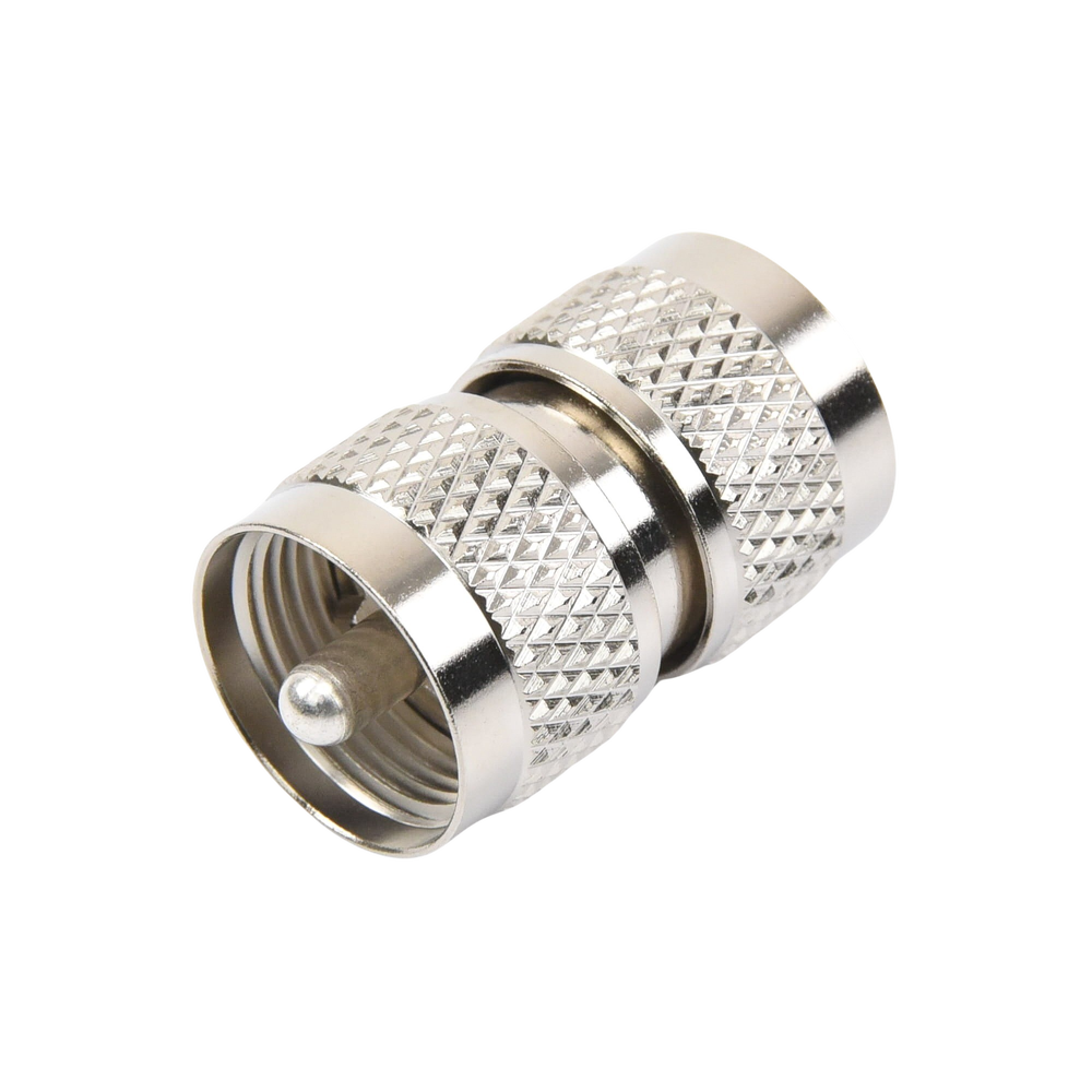 Adaptador Barril en Línea, de Conector UHF Macho (PL-259) a UHF Macho (PL-259), Níquel/ Plata/ Teflón.