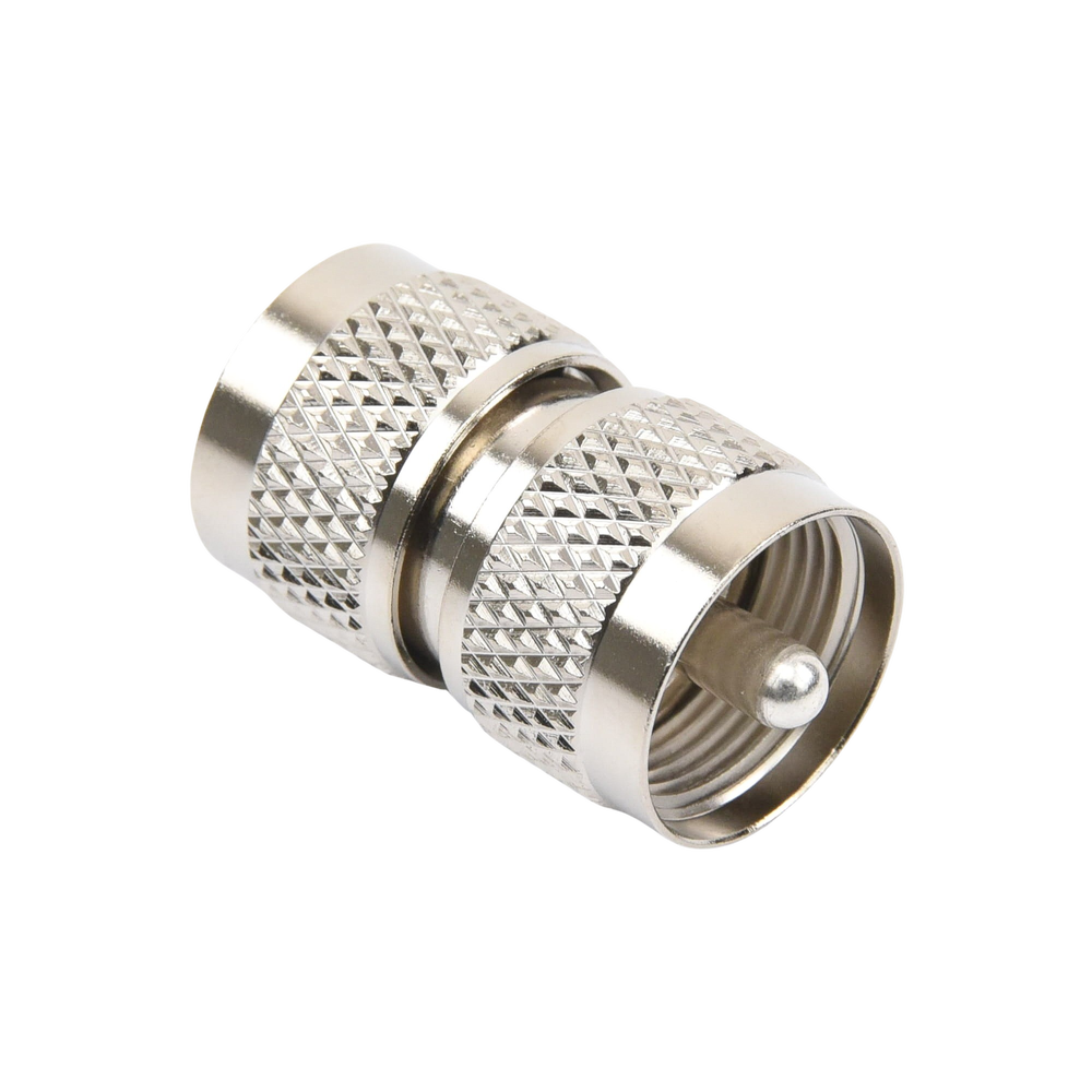 Adaptador Barril en Línea, de Conector UHF Macho (PL-259) a UHF Macho (PL-259), Níquel/ Plata/ Teflón.