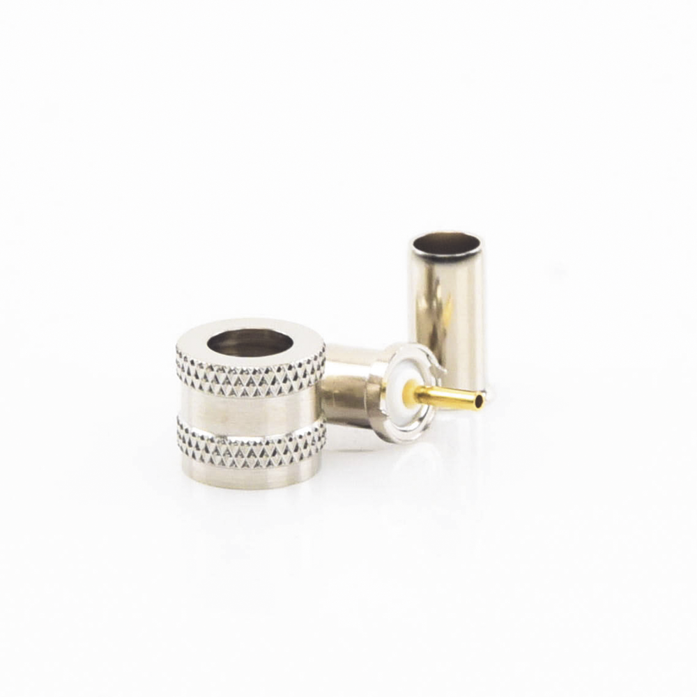 Conector Mini UHF Macho, 50 Ohm, de Anillo Plegable para Cables RG-58/U, RG-142/U, Niquel/Oro/Delrin.