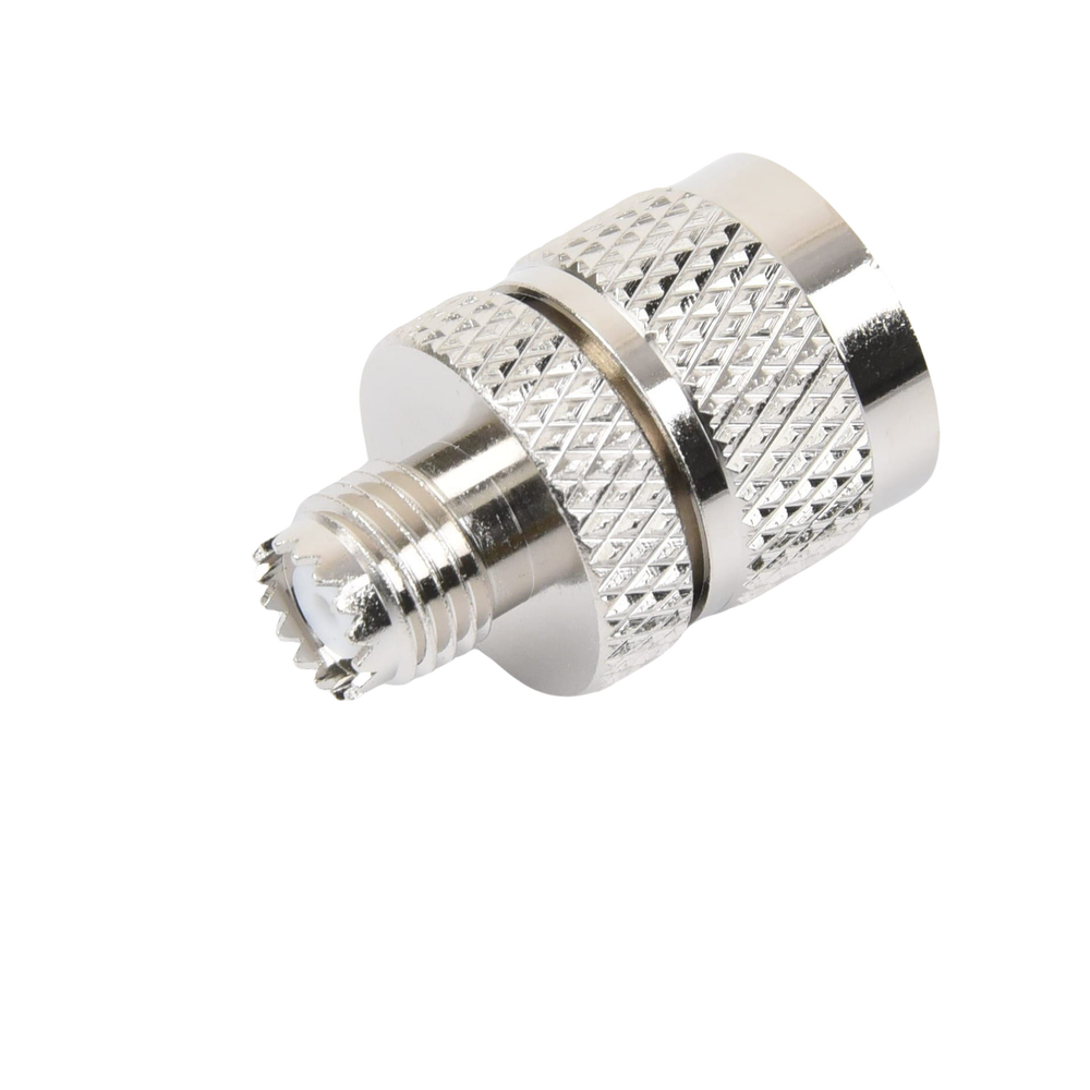 Adaptador en Línea de Conector Mini UHF Hembra a UHF Macho (PL-259), Níquel/ Oro/ Teflón.