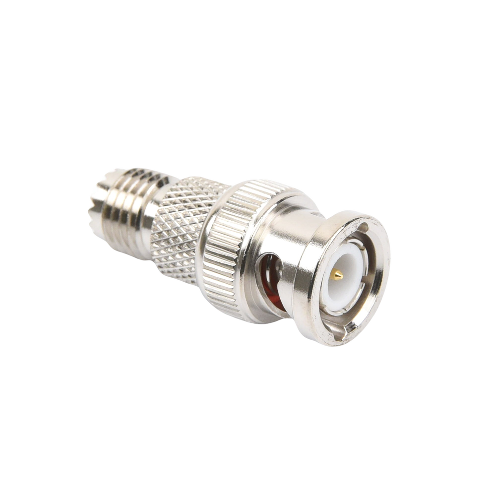 Adaptador en Línea de Conector Mini-UHF Hembra a BNC Macho, Níquel/ Oro/ Teflón.