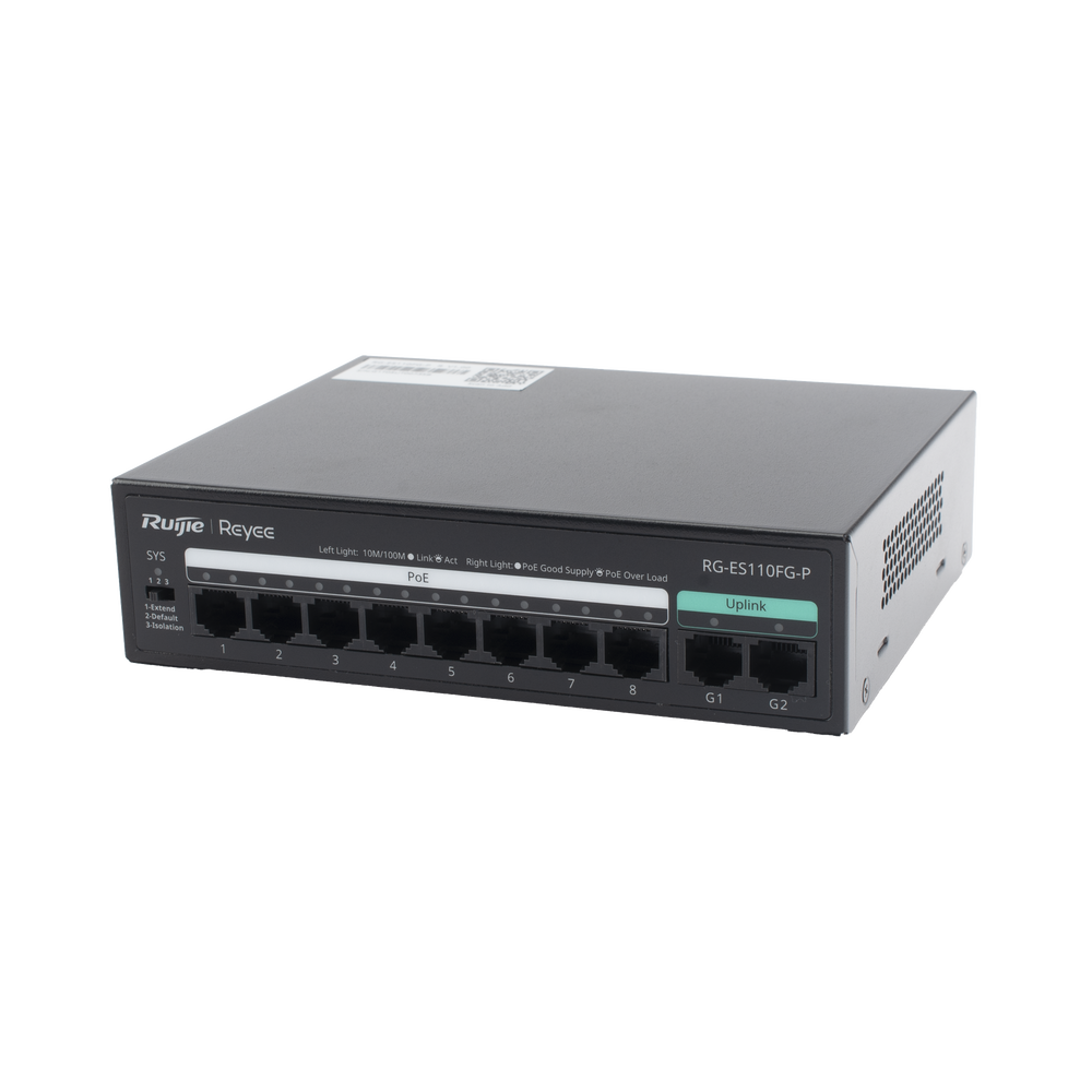 Switch PoE+ no Administrable, hasta 110 Watts, 8 puertos PoE+ 10/100 y 2 Uplinks Gigabit 1G