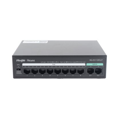 Switch PoE+ no Administrable, hasta 110 Watts, 8 puertos PoE+ 10/100 y 2 Uplinks Gigabit 1G
