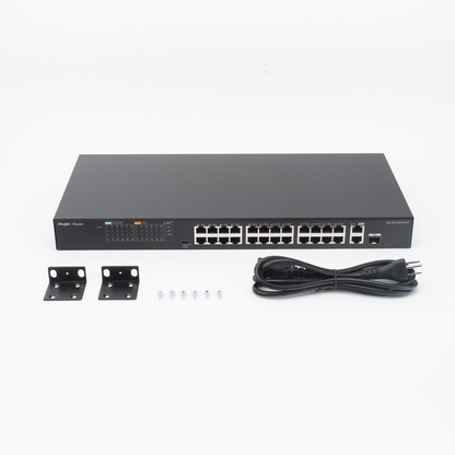 Switch PoE+ no Administrable, hasta 370 Watts Ideal para CCTV, 24 Puertos 10/100 PoE+, 2 Uplinks Gigabit (1 SFP COMBO)