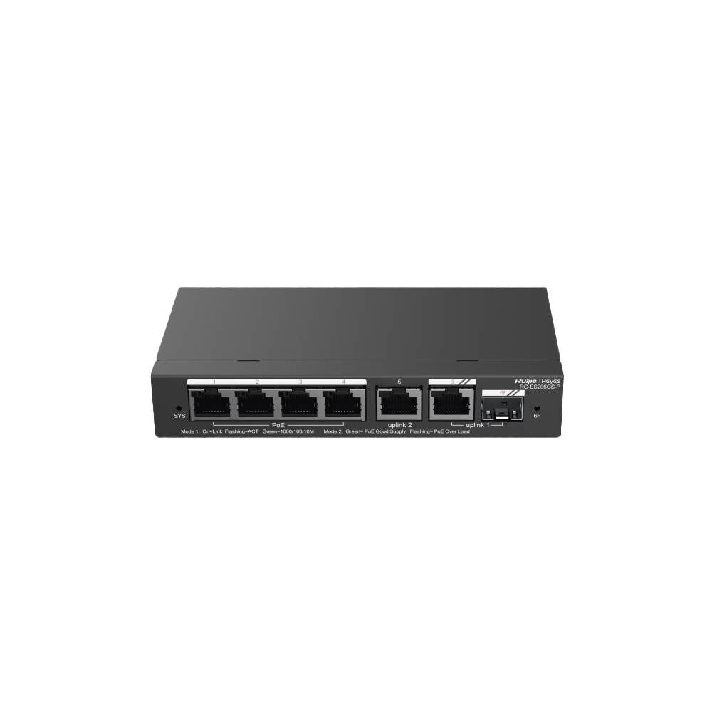 Switch Administrable con 4 puertos Gigabit PoE, 2 Uplink Gigabit y 1 Uplink Gigabit para Fibra SFP en combo, gestión gratuita desde la nube