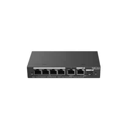 Switch Administrable con 4 puertos Gigabit PoE, 2 Uplink Gigabit y 1 Uplink Gigabit para Fibra SFP en combo, gestión gratuita desde la nube