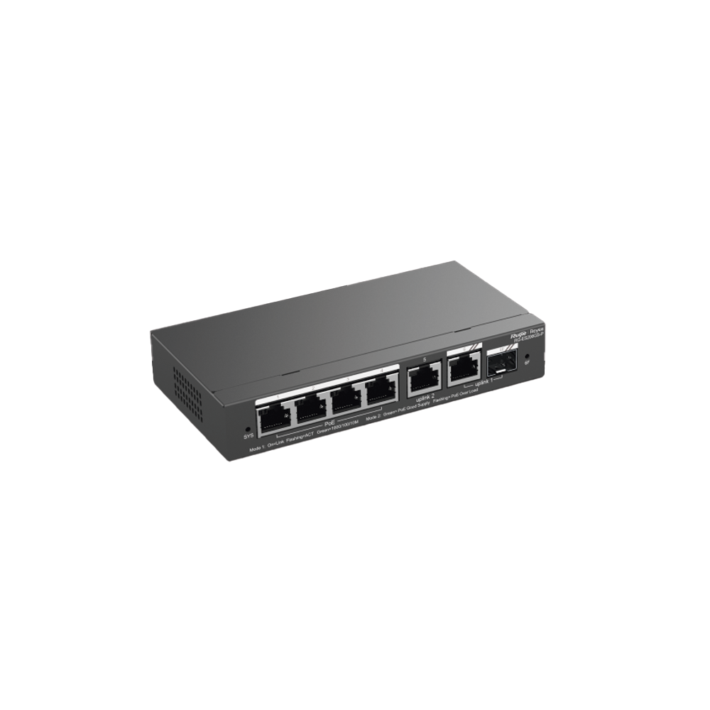 Switch Administrable con 4 puertos Gigabit PoE, 2 Uplink Gigabit y 1 Uplink Gigabit para Fibra SFP en combo, gestión gratuita desde la nube