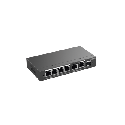 Switch Administrable con 4 puertos Gigabit PoE, 2 Uplink Gigabit y 1 Uplink Gigabit para Fibra SFP en combo, gestión gratuita desde la nube